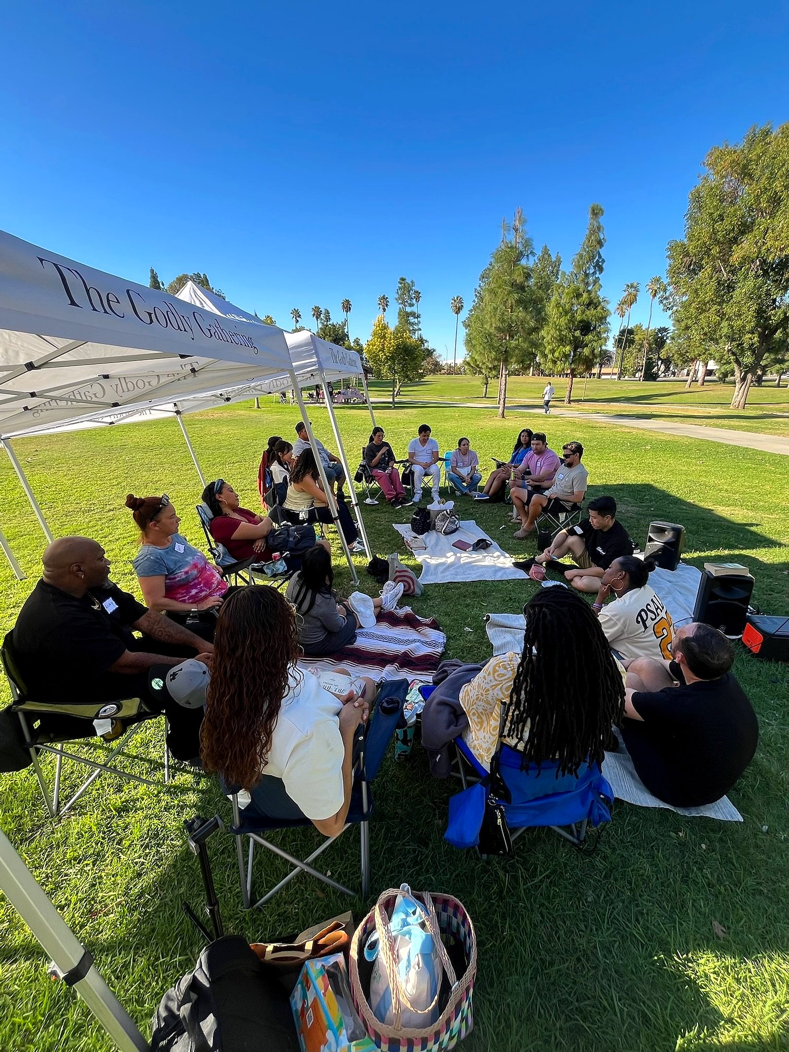 Friends on blankets and chairs beside the canopy